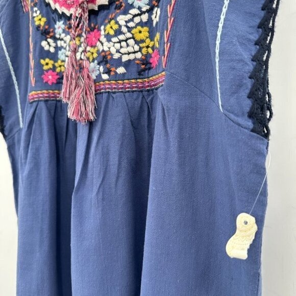 Altar'd State Blue Boho Lightweight Tassel Floral Embroidered Small Blouse NEW - Picture 3 of 7